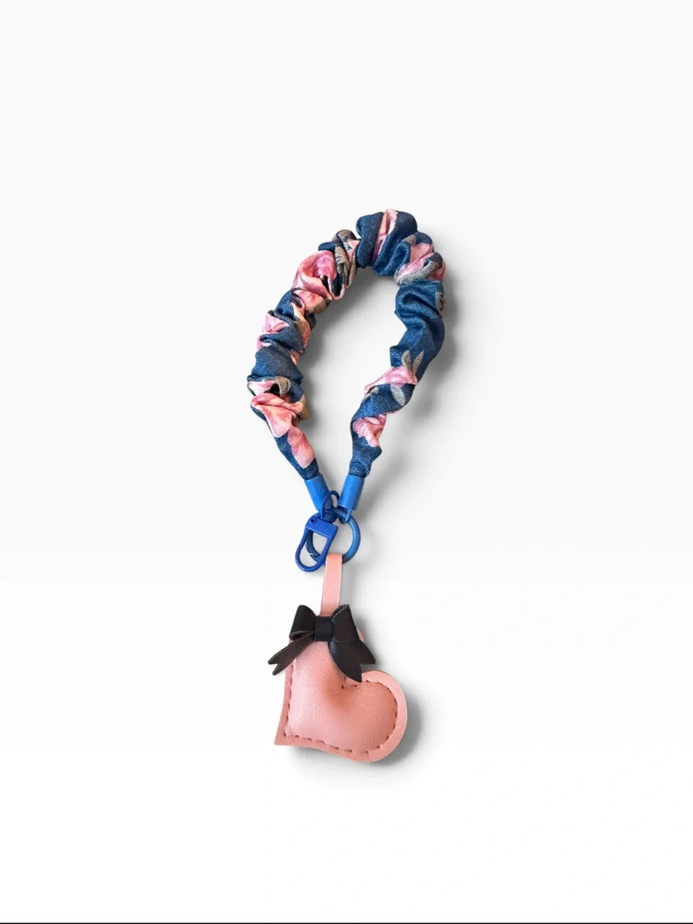 New- Blue Floral Scrunchie Lanyard with Pink Heart Charm